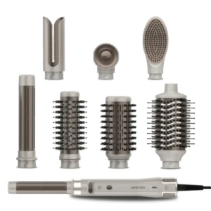 Imagen frontal del cepillo moldeador Cecotec A01_EU01 8en1, con potencia de 1500W, 110.000 RPM y tecnología CeramicCare AirGlam Gyro, ideal para alisar, rizar y moldear el cabello de forma profesional.