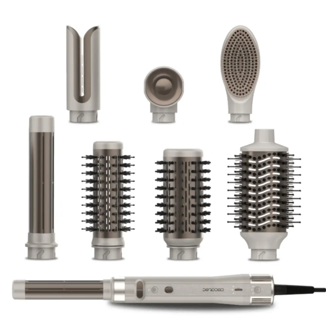 Imagen frontal del cepillo moldeador Cecotec A01_EU01 8en1, con potencia de 1500W, 110.000 RPM y tecnología CeramicCare AirGlam Gyro, ideal para alisar, rizar y moldear el cabello de forma profesional.