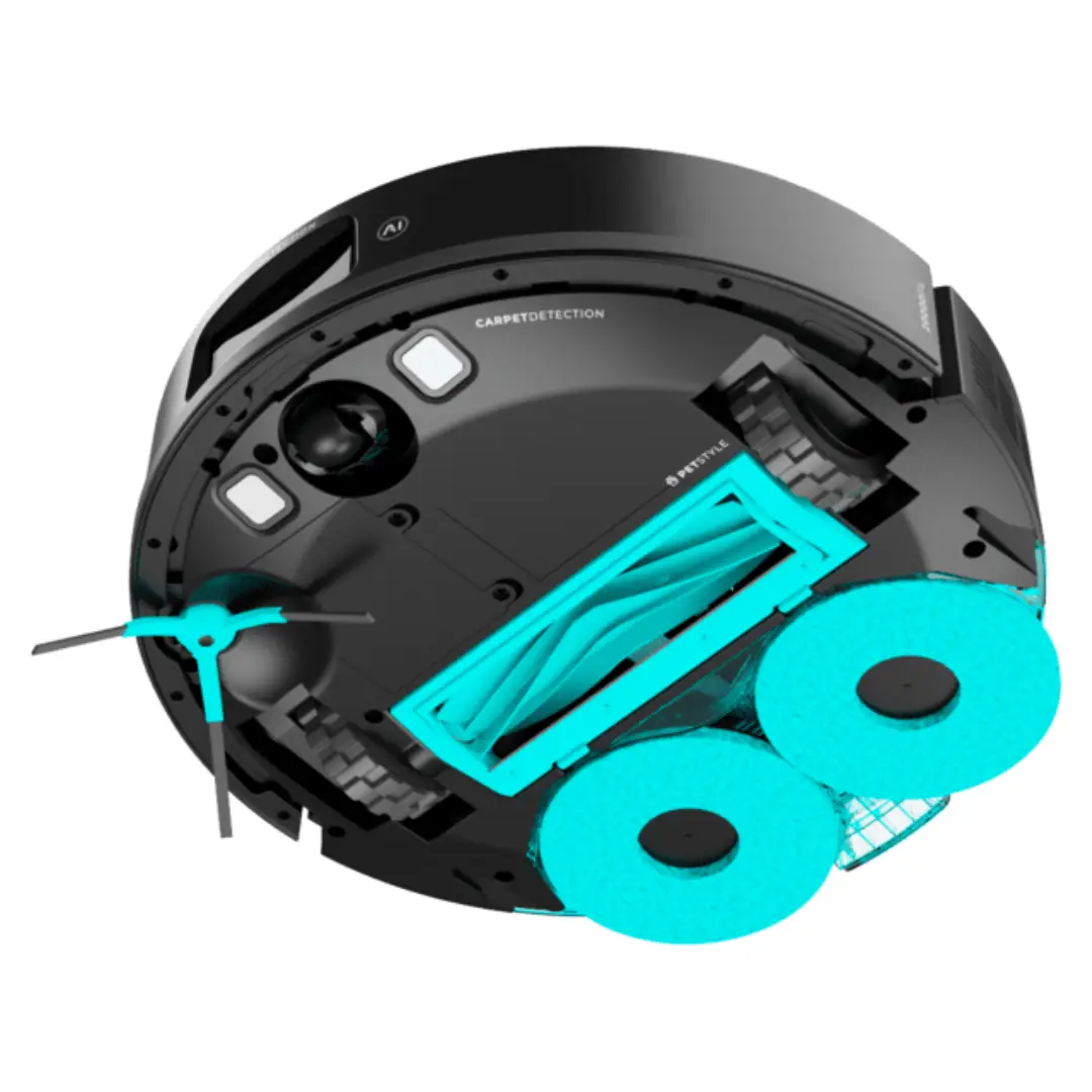 Imagen de la parte inferior del robot aspirador Cecotec A01_EU01_115944, mostrando cepillos, ruedas y sensores para una limpieza eficiente en diferentes superficies.