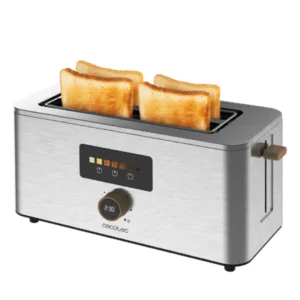 Imagen frontal de la tostadora Cecotec Double Extra 04844, con 2 ranuras largas, potencia de 1500W y diseño moderno para tostar pan de manera uniforme.