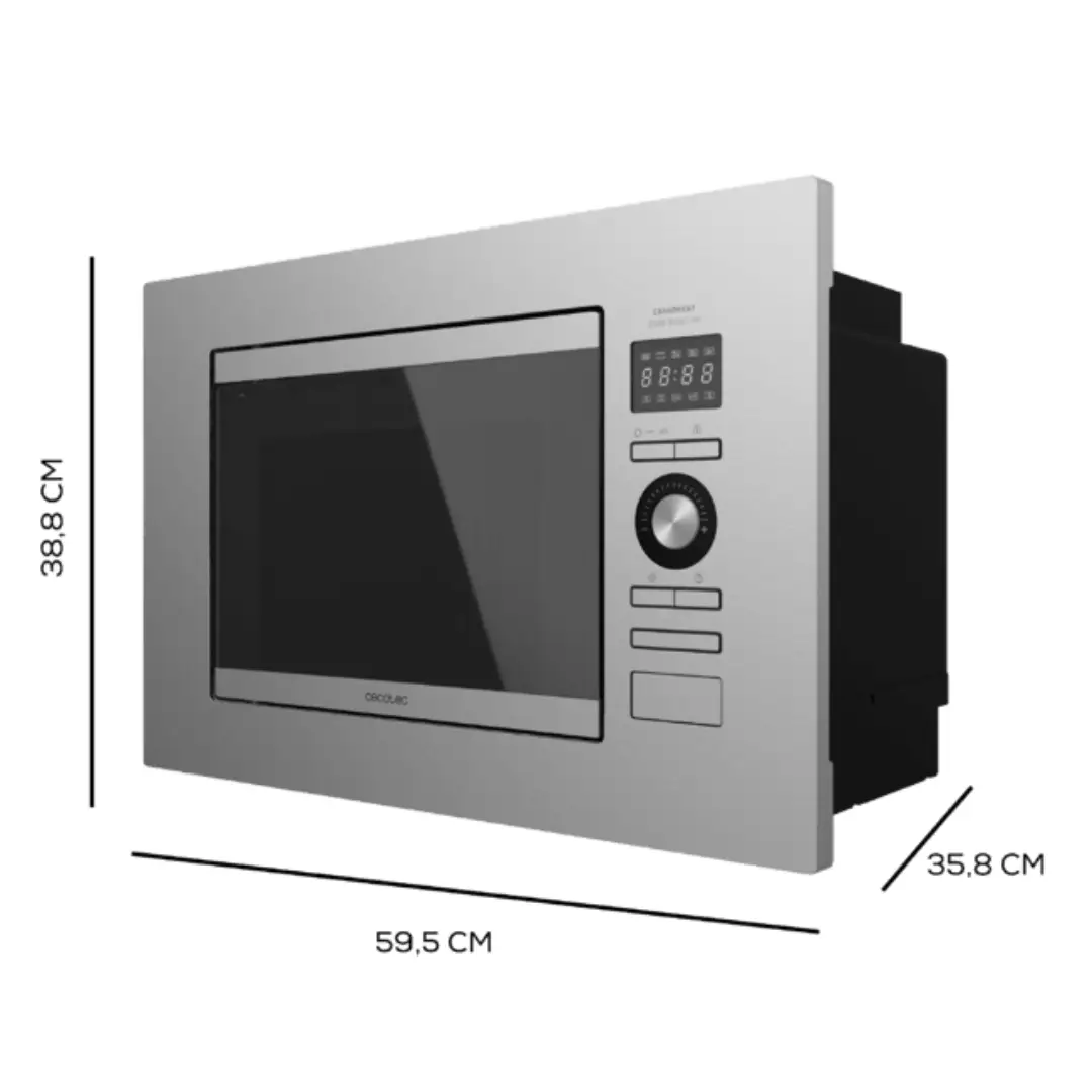 Imagen esquemática con las dimensiones del microondas encastrable Cecotec Steel 2090 en acabado inox, mostrando ancho, alto y fondo para su correcta instalación en mueble de cocina.