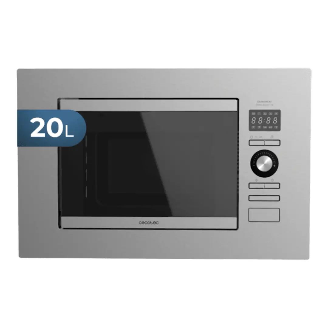 Imagen frontal del microondas integrable Cecotec Steel 2090 en acero inoxidable, con capacidad de 20 litros, potencia de 800W y grill de 1000W.