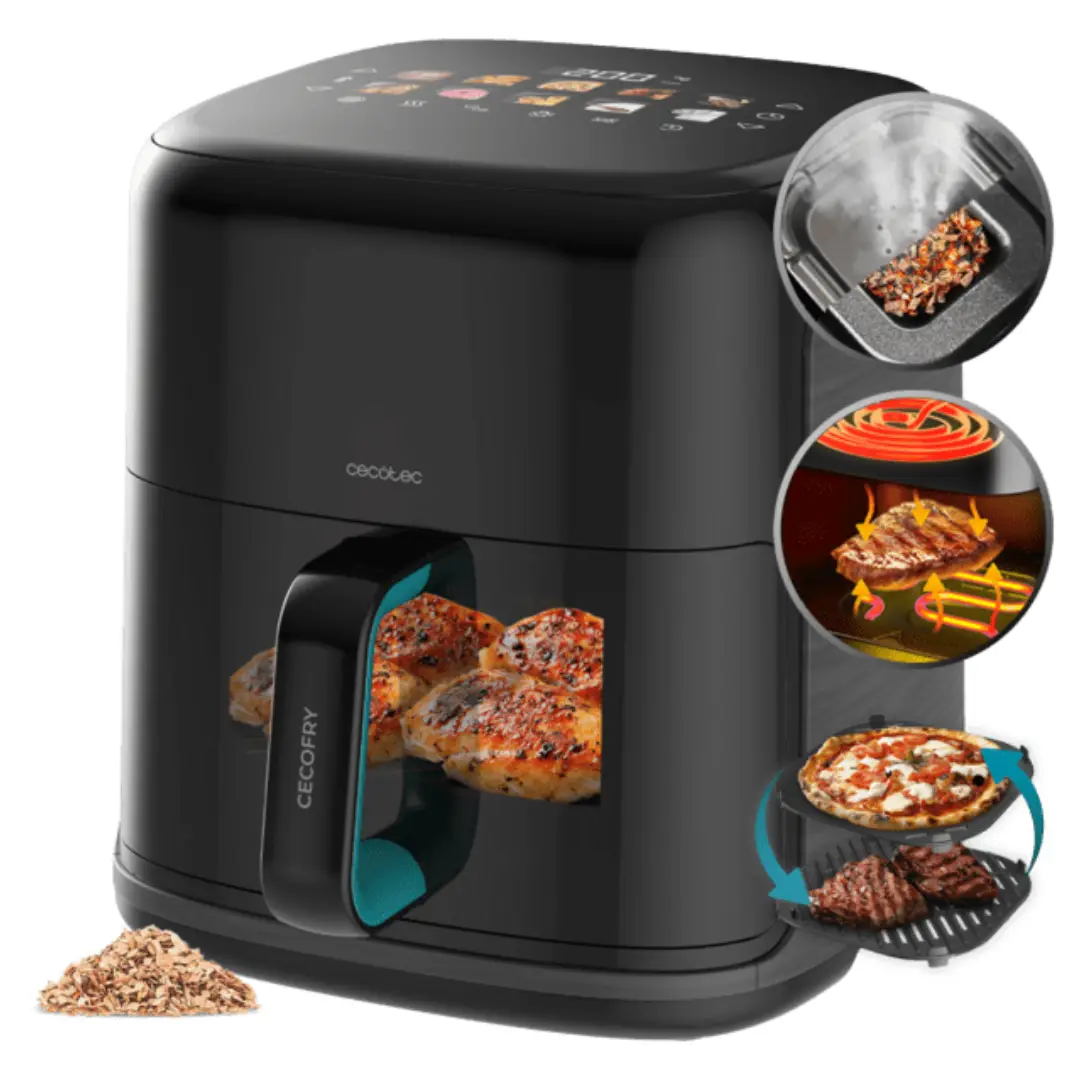 Imagen frontal de la freidora dietética Cecotec Cecofry Smokin', modelo A01_EU01_102086, con capacidad de 6,5 litros y potencia de 2200W, diseñada para cocinar con poco o nada de aceite.