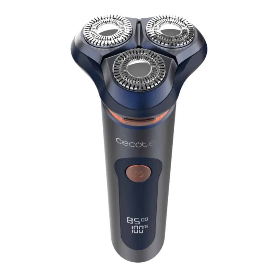 Vista superior de la afeitadora Cecotec PrecisionCare Aluminium Pro A01_EU01_116952 mostrando el cabezal rotativo y diseño ergonómico