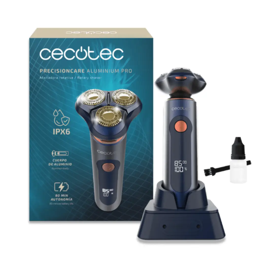 Afeitadora Cecotec PrecisionCare Aluminium Pro A01_EU01_116952 rotativa con 80 minutos de autonomía, resistencia al agua IPX6 y base de carga incluida