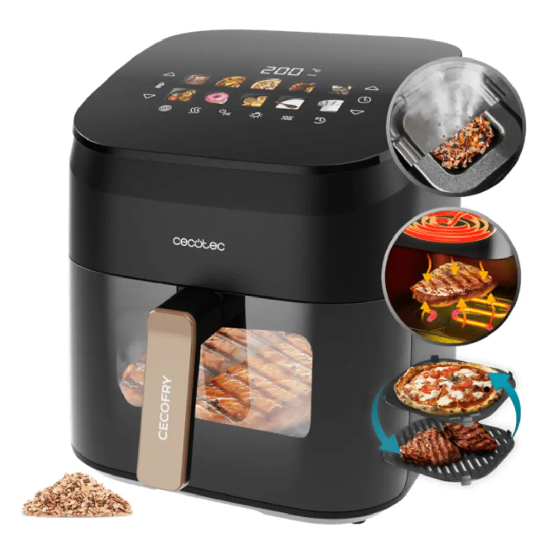 Imagen principal de la freidora dietética Cecotec Cecofry Smokin' A93_EU01_101135, con capacidad de 6,5 litros, potencia de 2200W y función de ahumado para cocinar alimentos con sabor ahumado.