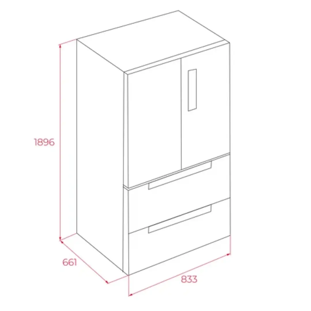 esquema con las medidas del frigorífico Teka RFD-77825 GBK EU French Door de 190x85 cm para instalación en cocina