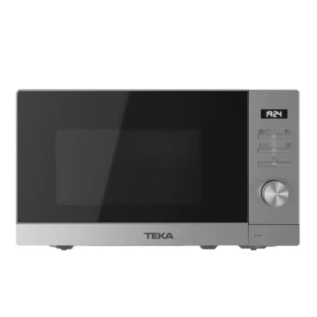 Imagen frontal del microondas Teka MWE-FS20 G SS en acero inoxidable, con 20 litros de capacidad, potencia de 700W y función grill de 1000W.