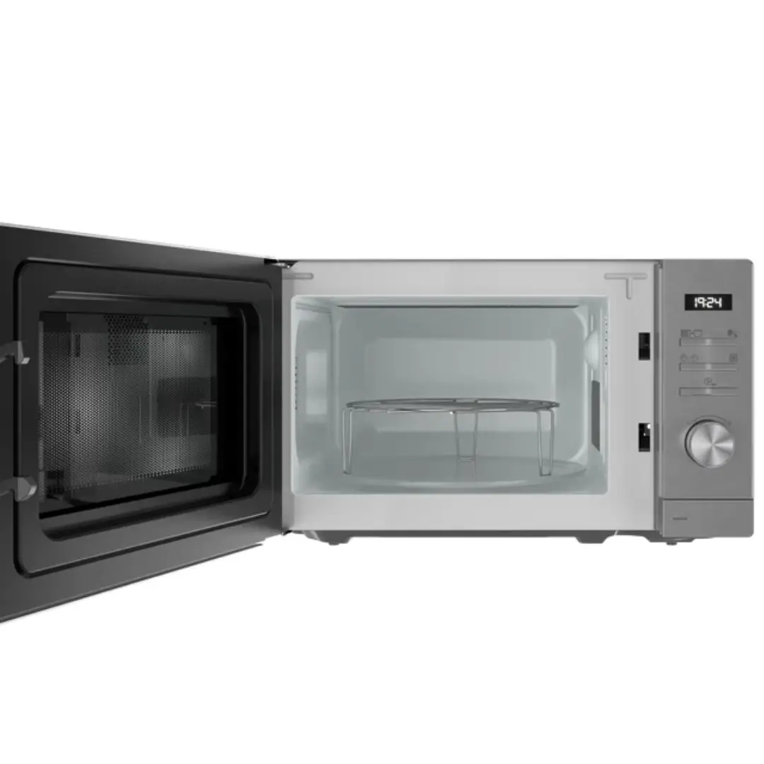 Imagen del microondas Teka MWE-FS20 G SS con la puerta abierta, mostrando el interior de 20 litros y el plato giratorio.