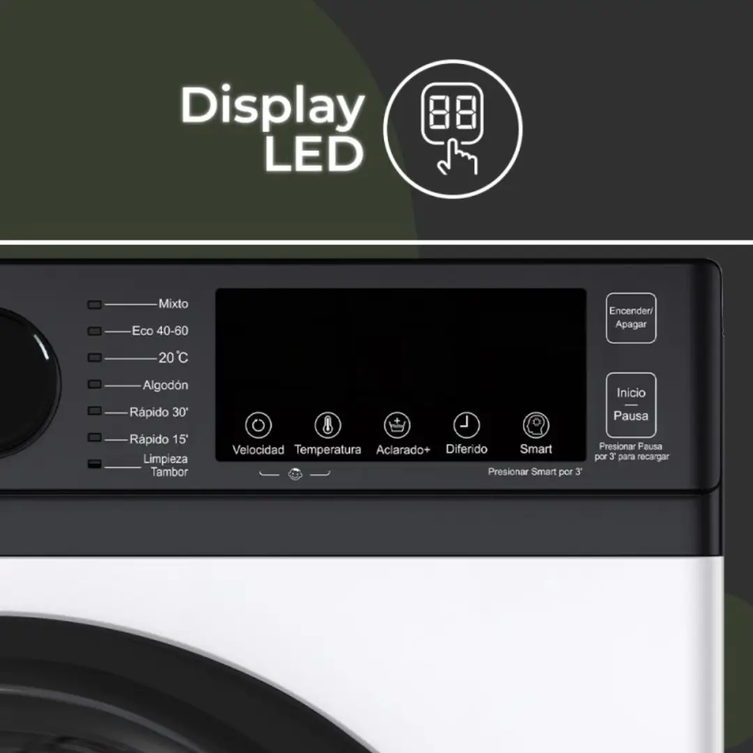 detalle del panel LED de la lavadora Aspes AL-6203AIDV con controles digitales y programas de lavado