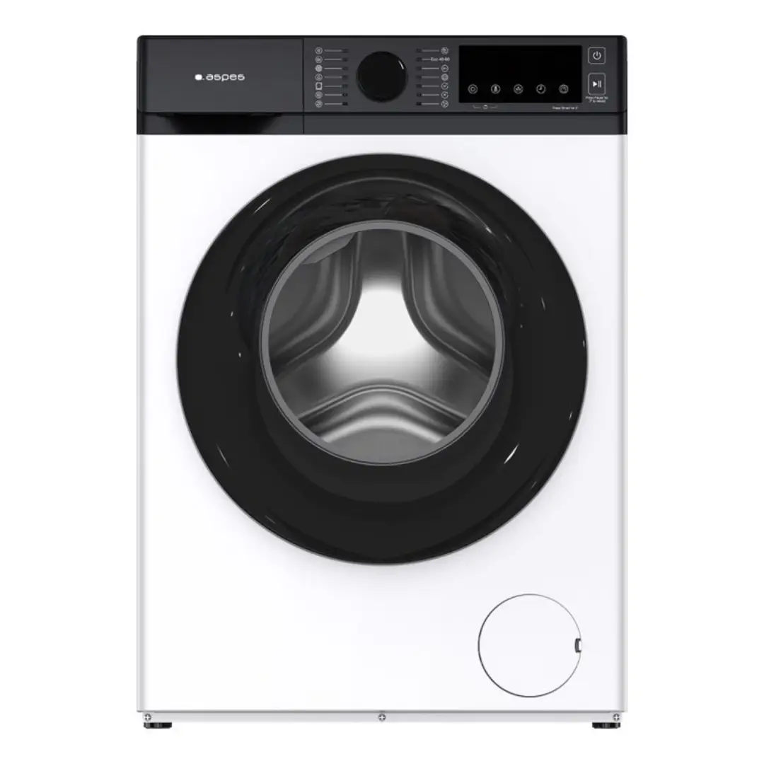 Imagen frontal de la lavadora Aspes AL-7205AIDV en color blanco, capacidad de 7 kg, velocidad de centrifugado de 1200 rpm, tecnología de vapor y display LED.