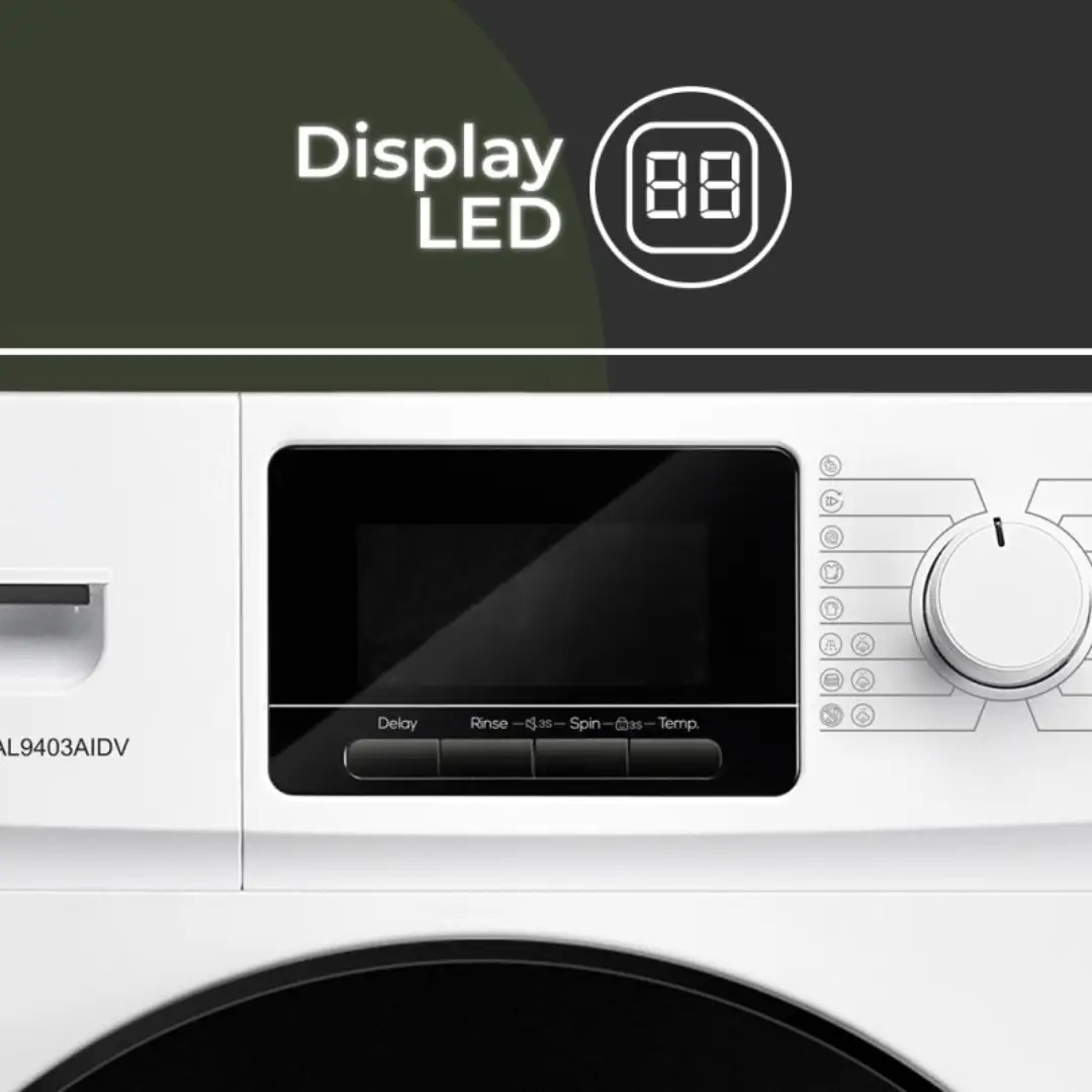 Primer plano del panel de control de la lavadora Aspes AL-9403AIDV, mostrando el display LED, selector de programas y funciones de vapor.