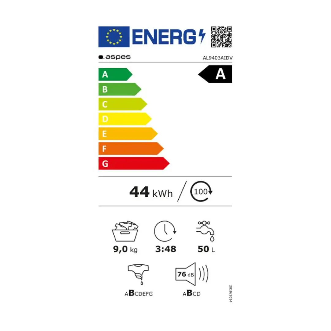 Imagen de la ficha de consumo energético de la lavadora Aspes AL-9403AIDV, mostrando la clasificación energética y datos de consumo anual de agua y electricidad.