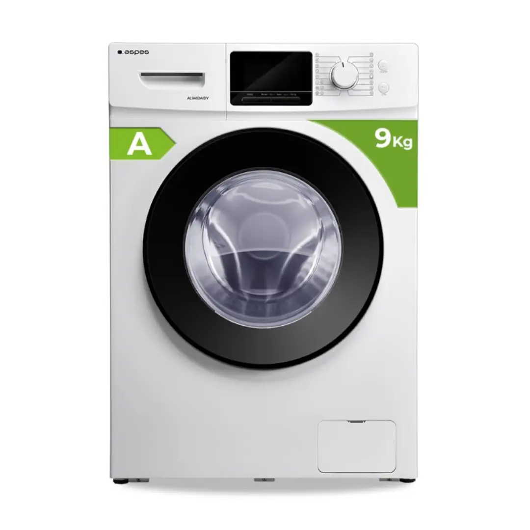 Imagen frontal de la lavadora Aspes AL-9403AIDV en color blanco, capacidad de 9 kg, centrifugado de 1400 rpm, tecnología de vapor y display LED en el panel de control.