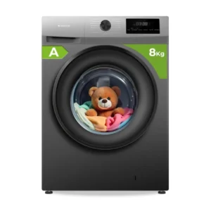 Imagen frontal de la lavadora Aspes AL-8401AIDVBX en acero inoxidable, capacidad de 8 kg, velocidad de centrifugado de 1400 rpm, tecnología de vapor y display LED.