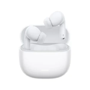 Imagen frontal de los auriculares inalámbricos Xiaomi Redmi Buds 8 Lite en color blanco, con estuche de carga compacto y diseño ergonómico para uso cómodo.