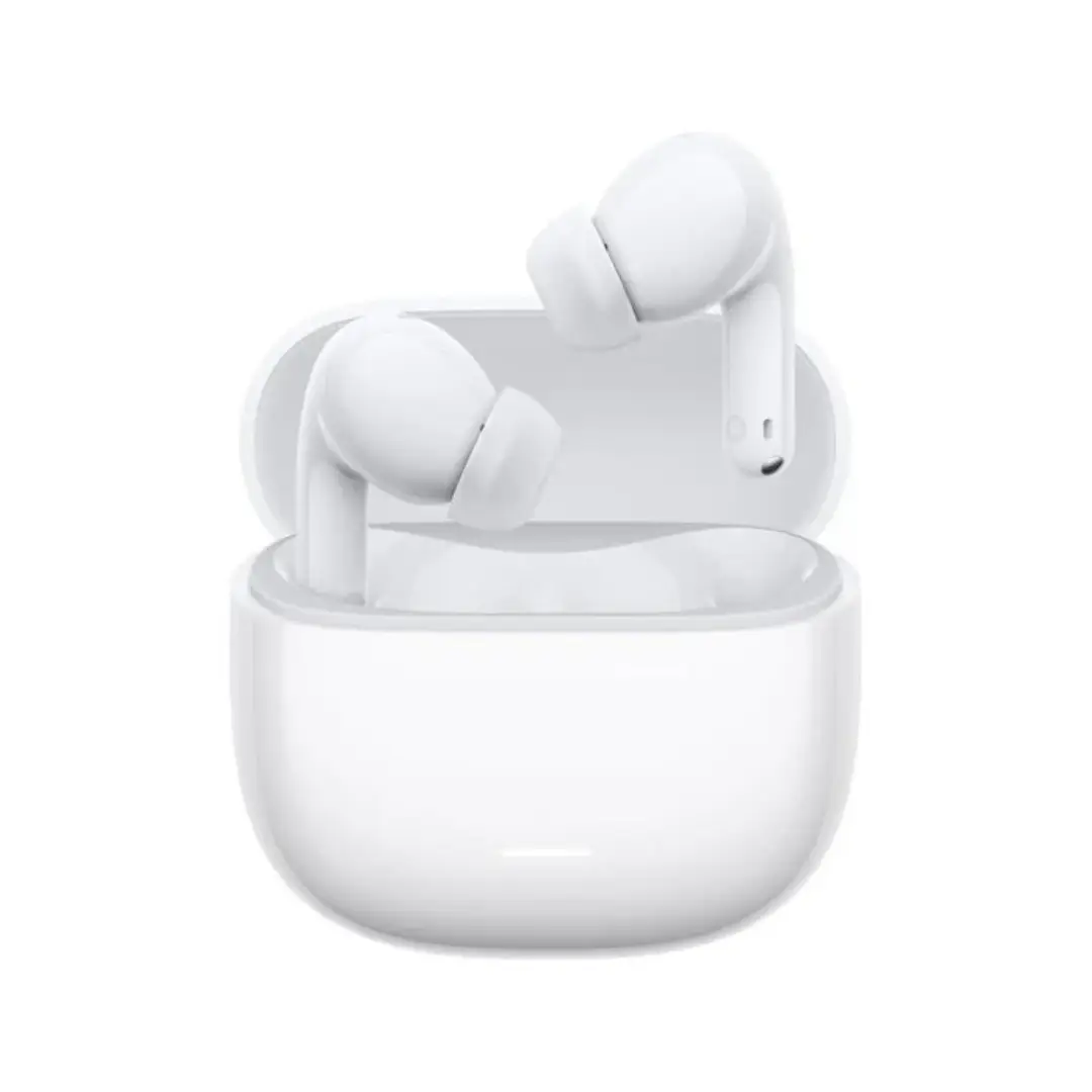 Imagen frontal de los auriculares inalámbricos Xiaomi Redmi Buds 8 Lite en color blanco, con estuche de carga compacto y diseño ergonómico para uso cómodo.