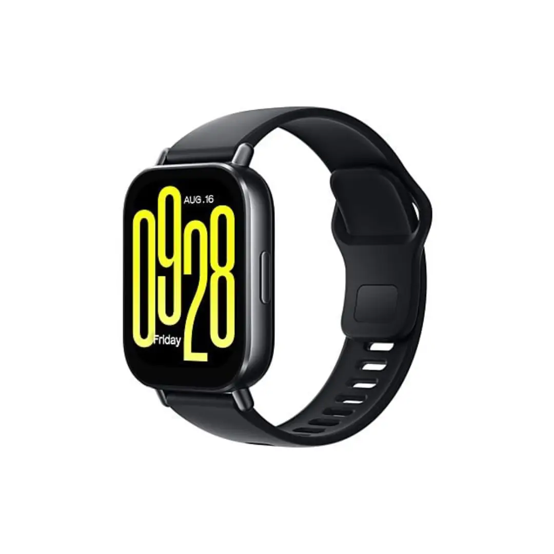 Imagen frontal del smartwatch Xiaomi Redmi Watch 5 Active en color negro, con pantalla grande, correa deportiva y funciones de monitorización de salud y actividad física.