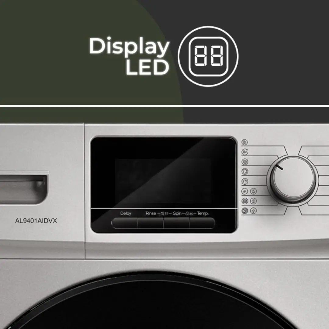 Primer plano del panel de control de la lavadora Aspes AL-9401AIDVX, mostrando el display LED, selector de programas y funciones de vapor activadas.
