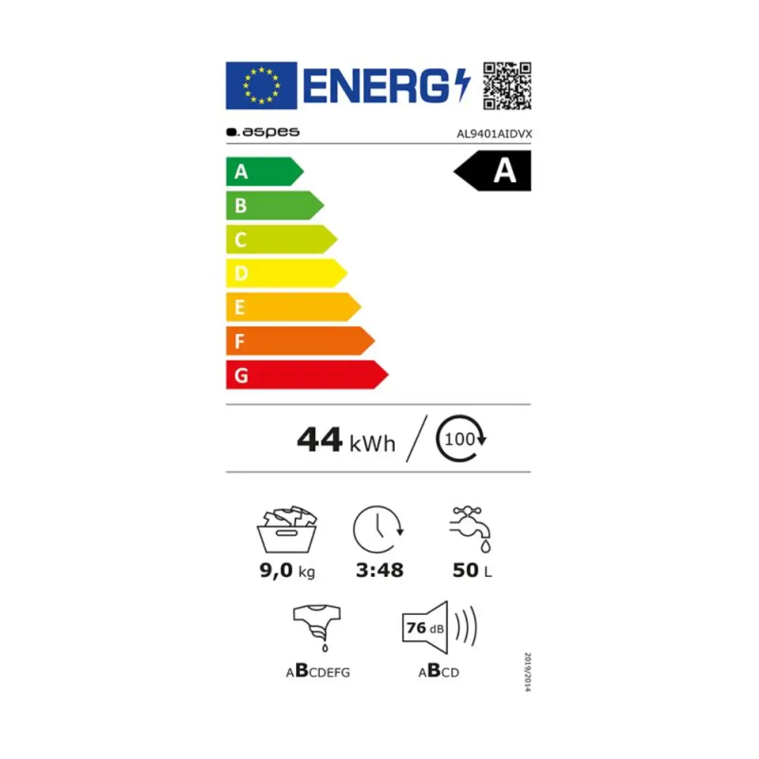 Imagen de la ficha de consumo energético de la lavadora Aspes AL-9401AIDVX, mostrando la clasificación energética y datos de consumo anual de agua y electricidad.