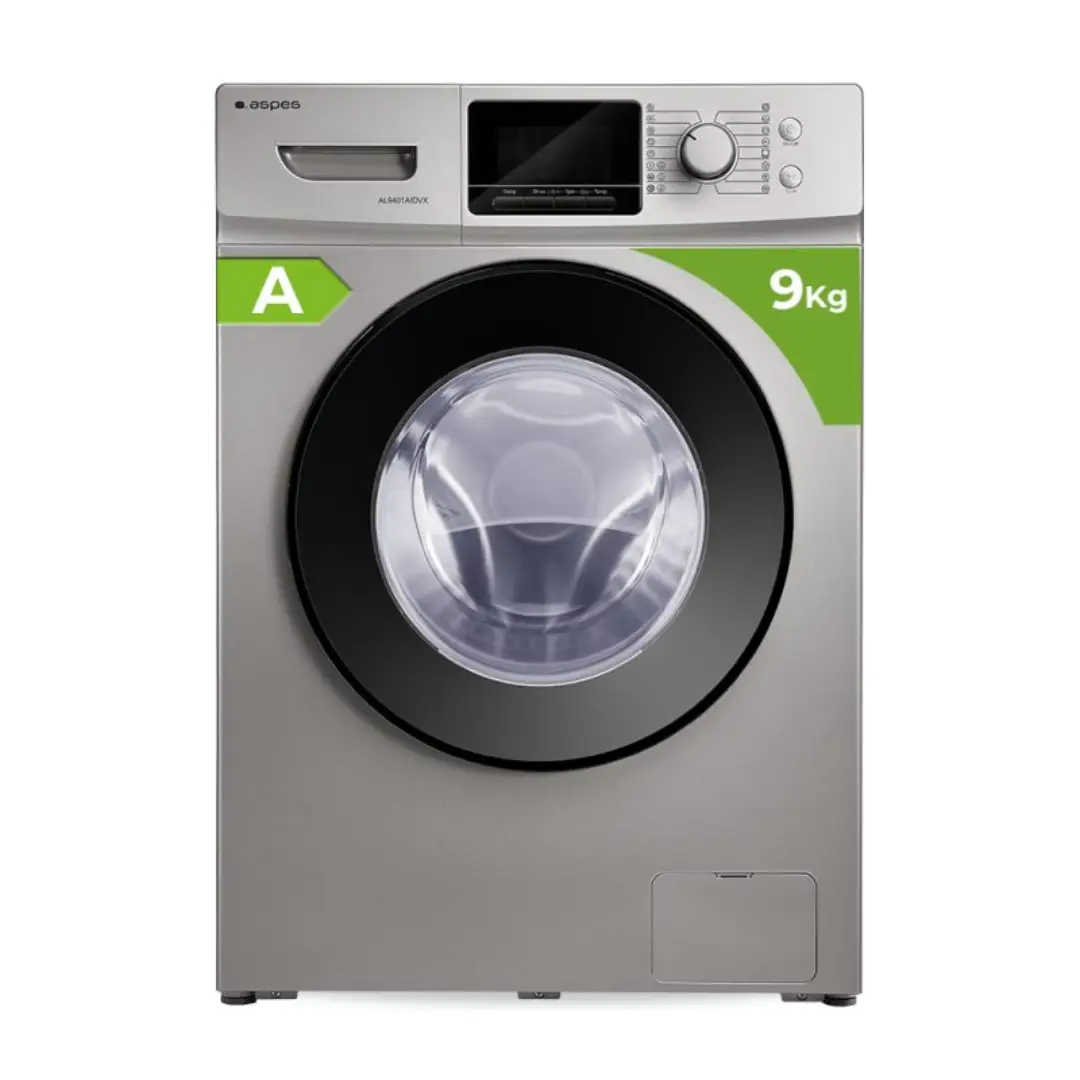 Imagen frontal de la lavadora Aspes AL-9401AIDVX en acero inoxidable, capacidad de 9 kg, centrifugado de 1400 rpm, tecnología de vapor y display LED.