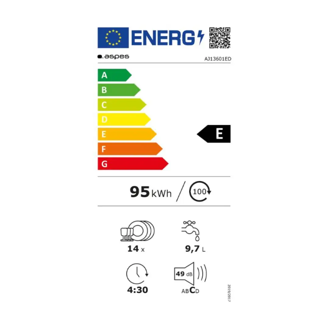 Imagen de la ficha de consumo energético del lavavajillas Aspes AJ-13601ED, mostrando la clasificación energética y los datos de consumo anual de agua y electricidad.