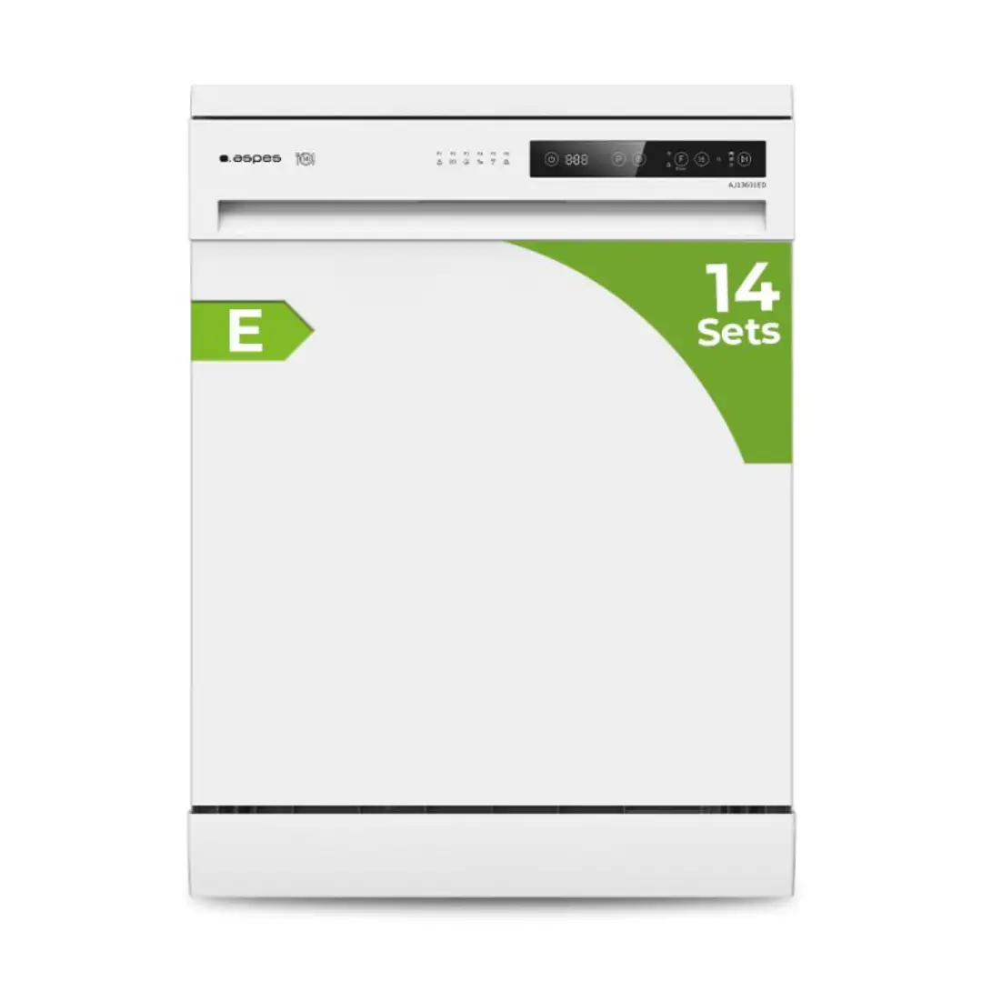 Imagen del lavavajillas Aspes AJ-13601ED en color blanco, 60 cm, con la puerta abierta mostrando la capacidad para 14 cubiertos y la distribución de cestas interiores.