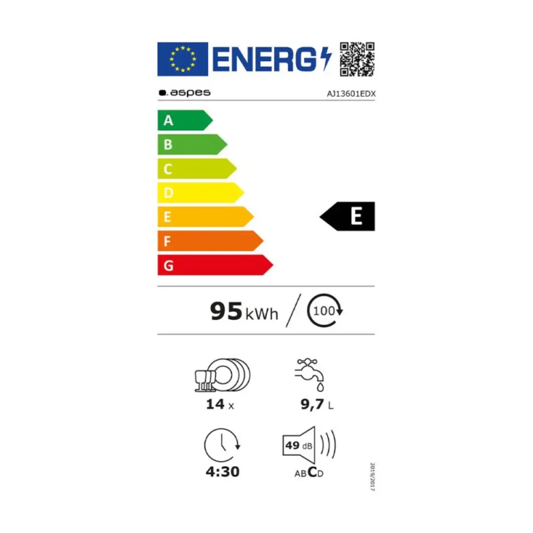 etiqueta energética del lavavajillas Aspes AJ-13601EDX mostrando eficiencia clase E y consumo anual de energía