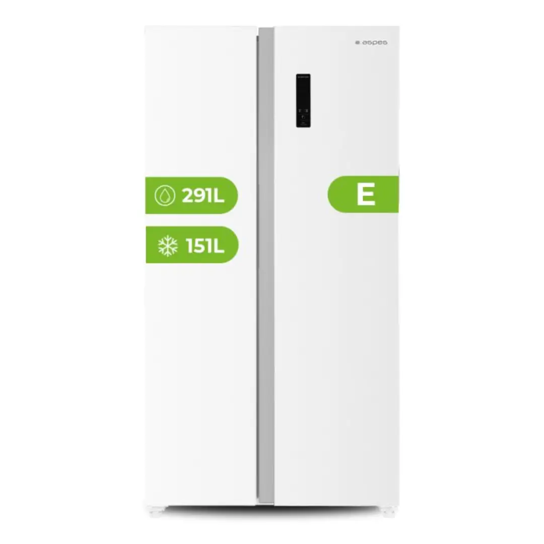 Imagen frontal del frigorífico americano Aspes AA-18901ENF en color blanco, 442 litros de capacidad, tecnología No Frost y display LED en la puerta.