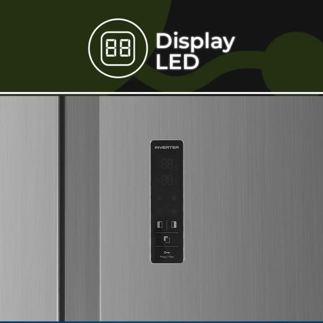 Primer plano del display LED del frigorífico Aspes AA-18900ENFX, mostrando la temperatura, funciones y ajustes digitales.
