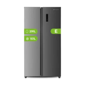 Imagen frontal del frigorífico americano Aspes AA-18900ENFX en acero inoxidable, 442 litros de capacidad, tecnología No Frost y display LED en la puerta.