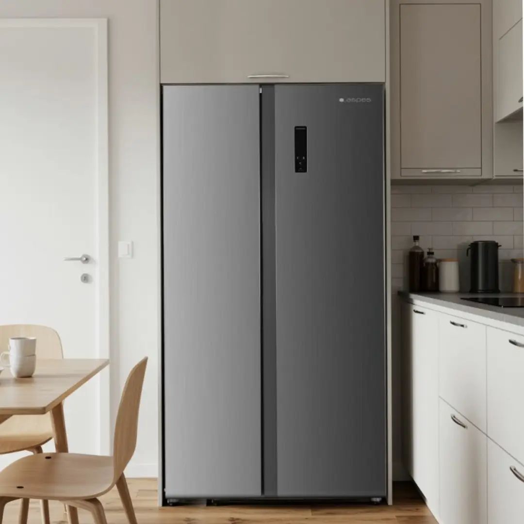 Imagen del frigorífico americano Aspes AA-18900ENFX instalado en una cocina moderna, mostrando tamaño, diseño inox y presencia elegante.