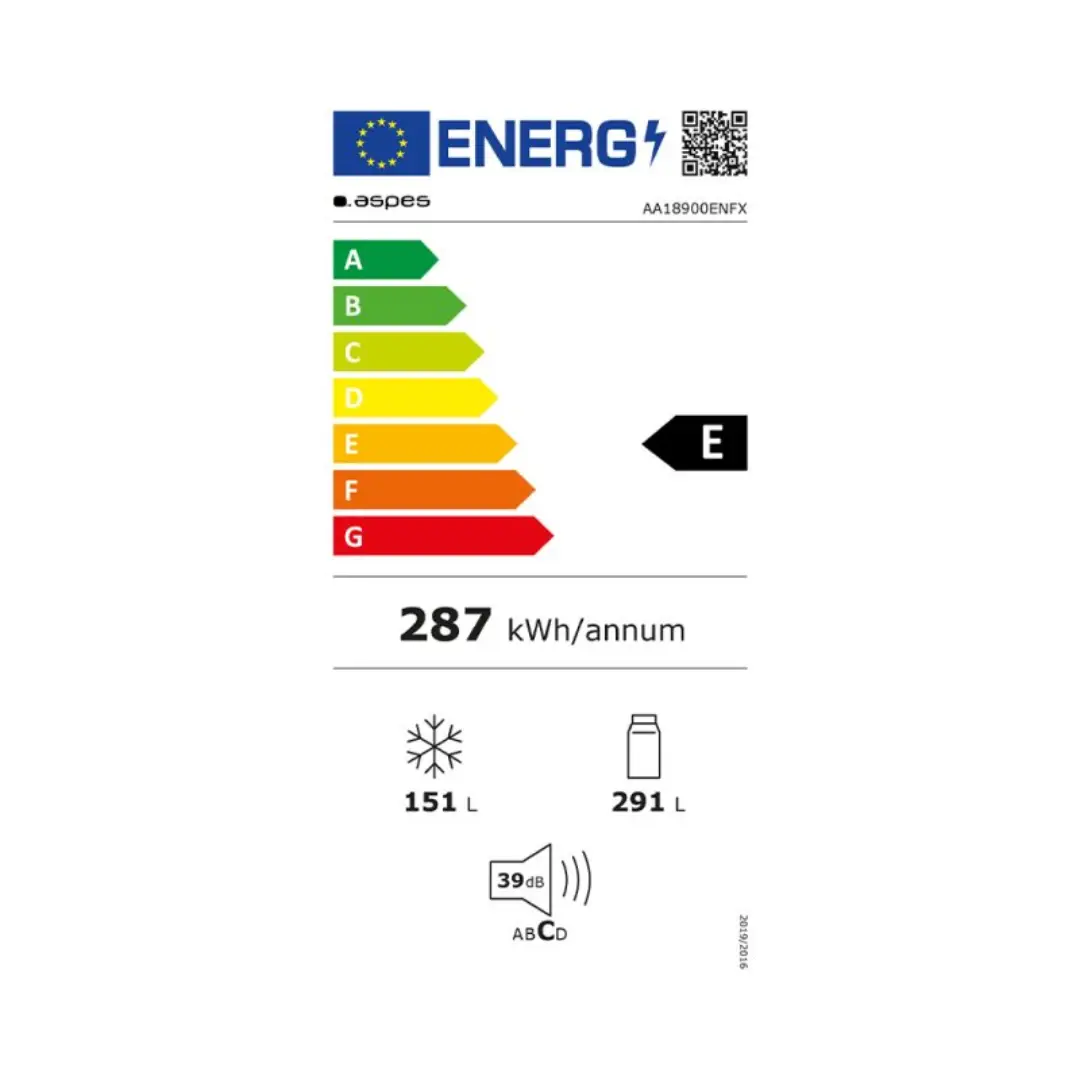 Imagen de la ficha de consumo energético del frigorífico Aspes AA-18900ENFX, mostrando la clasificación energética y eficiencia del aparato.