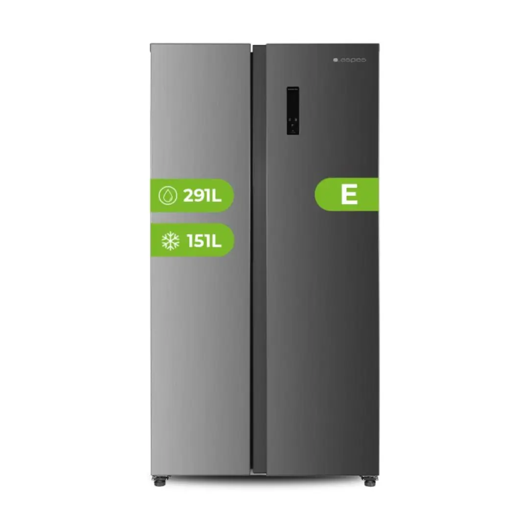 Imagen frontal del frigorífico americano Aspes AA-18900ENFX en acero inoxidable, 442 litros de capacidad, tecnología No Frost y display LED en la puerta.