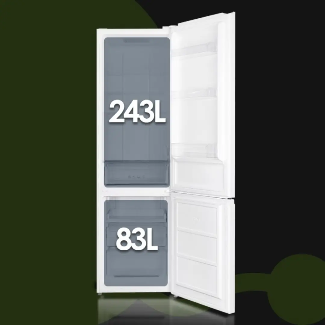 Imagen del interior del frigorífico combi Aspes AC2602ENF mostrando estantes de cristal, cajones para frutas y verduras y zona de congelador inferior.