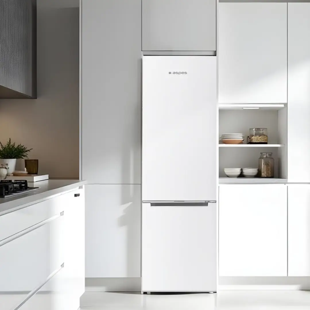 Imagen del frigorífico combi Aspes AC2602ENF instalado en una cocina moderna, mostrando su diseño blanco y dimensiones de 201x60 cm integradas en el mobiliario.
