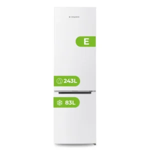 Imagen frontal del frigorífico combi Aspes AC2602ENF en color blanco, 326 litros de capacidad, sistema No Frost y 201 cm de alto por 60 cm de ancho.