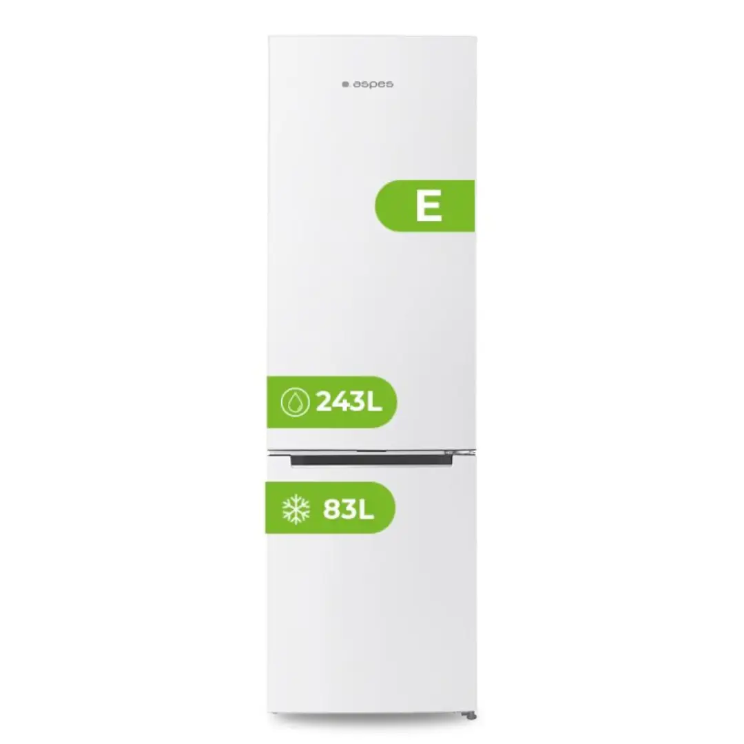 Imagen frontal del frigorífico combi Aspes AC2602ENF en color blanco, 326 litros de capacidad, sistema No Frost y 201 cm de alto por 60 cm de ancho.