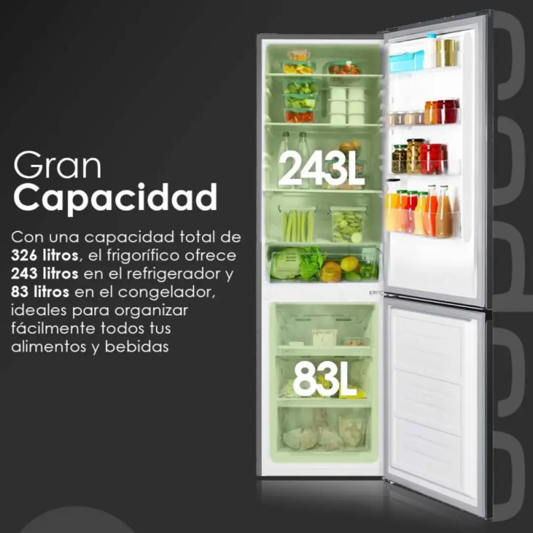 Imagen del frigorífico combi Aspes AC-2602ENFX con la puerta abierta, mostrando estantes de cristal, cajones para frutas y verduras y congelador inferior.