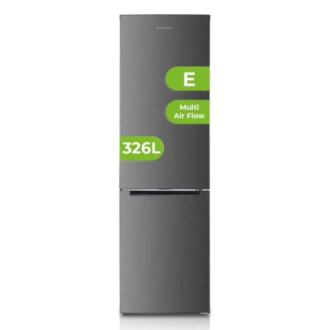 Imagen frontal del frigorífico combi Aspes AC-2602ENFX en acero inoxidable, 326 litros de capacidad, sistema No Frost y dimensiones de 201x60 cm.