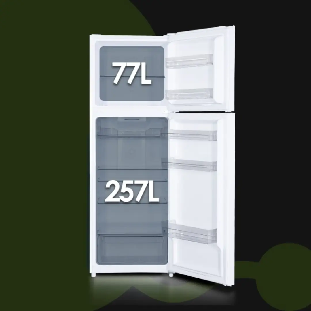 Frigorífico 2 puertas Aspes AF-17601ENF abierto mostrando todo su interior y capacidad de 334 litros con estantes y compartimentos organizados