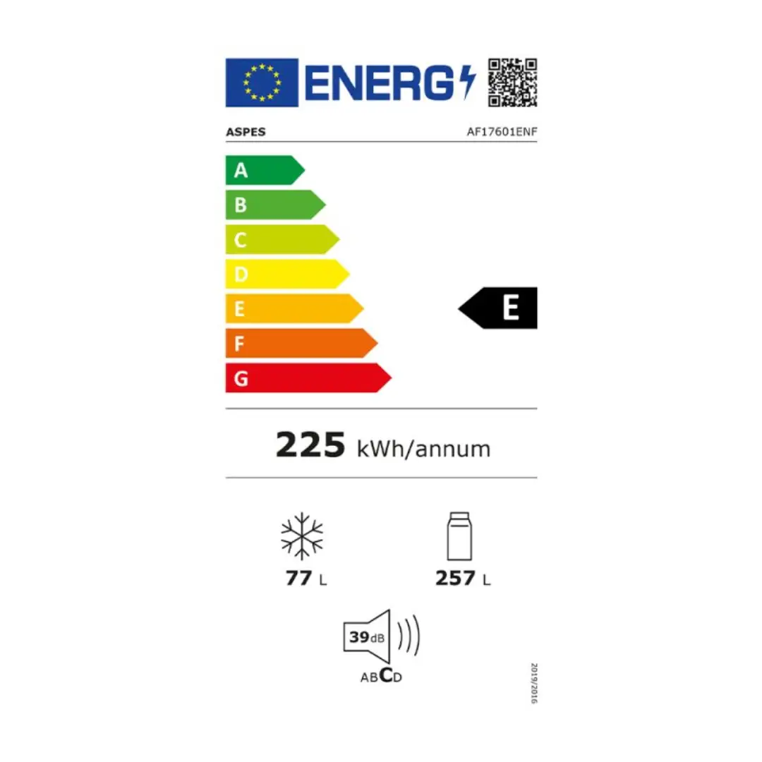 Etiqueta energética del frigorífico 2 puertas Aspes AF-17601ENF mostrando eficiencia E y consumo anual de energía