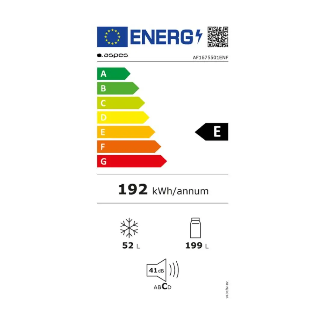 Etiqueta energética del frigorífico 2 puertas Aspes AF-1675501ENF mostrando eficiencia E y consumo anual de energía