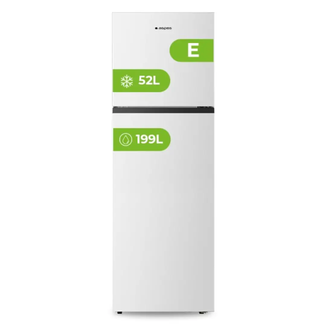 Frigorífico 2 puertas Aspes AF-1675501ENF de 251 litros en color blanco, sistema No Frost, eficiencia energética E y 4 estrellas de congelación