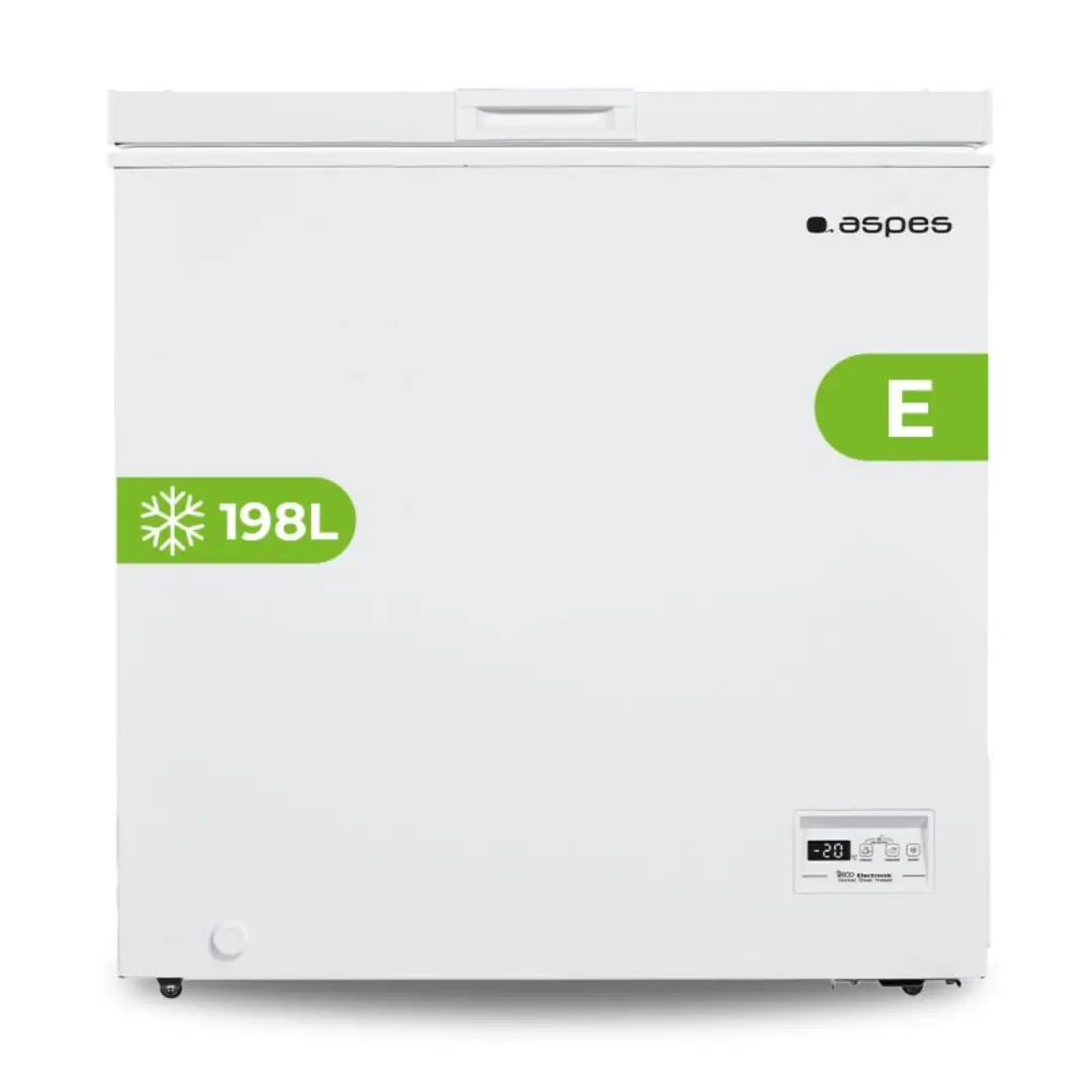 Imagen frontal del congelador horizontal Aspes ACH-2002EDC en color blanco, 198 litros de capacidad, sistema Dual Cooling y 90 cm de ancho.