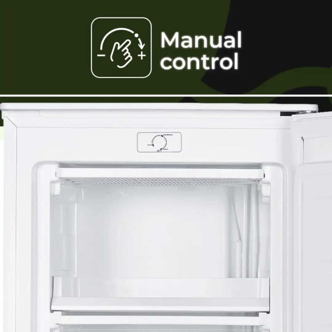 Detalle del control manual del congelador vertical Aspes ACV-85502E, con regulación de temperatura mecánica