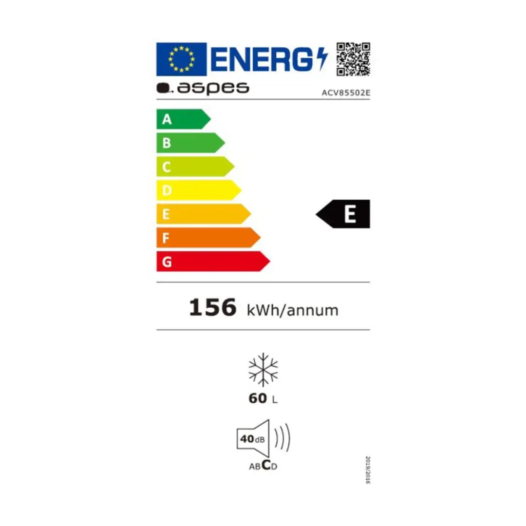 Etiqueta energética del congelador vertical Aspes ACV-85502E mostrando eficiencia E y consumo de energía anual