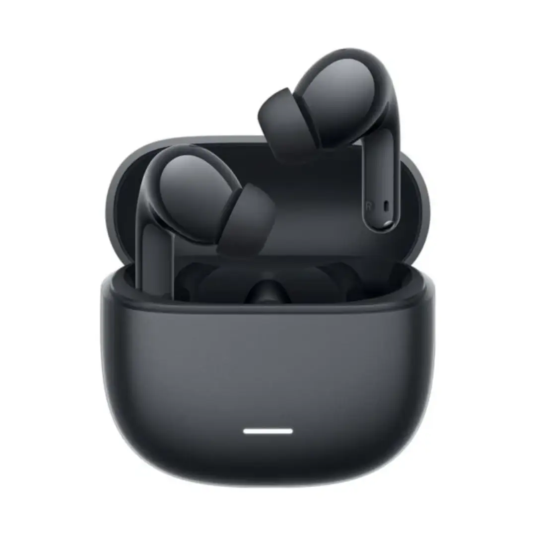Imagen frontal de los auriculares inalámbricos Xiaomi Redmi Buds 8 Lite en color negro, con estuche de carga compacto y diseño ergonómico para uso cómodo.