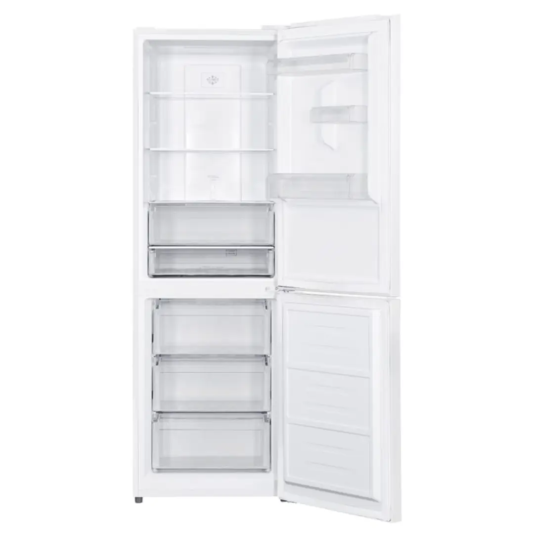 Imagen del frigorífico combi Aspes AC-185601DNFD con la puerta abierta, mostrando todos los estantes, cajones y compartimentos interiores de 323 litros, con separación clara entre frigorífico y congelador.