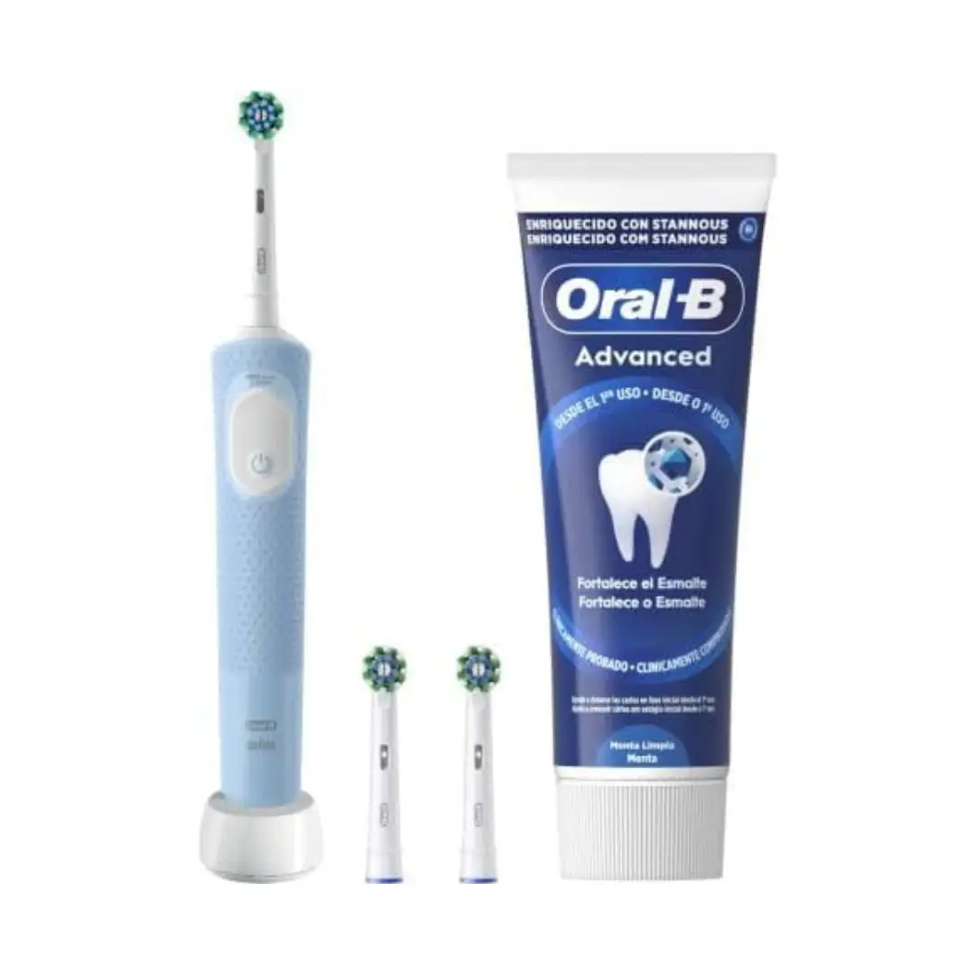 cepillo dental eléctrico Oral-B Vitality Pro azul pack regalo con 2 cabezales de recambio y pasta de dientes para higiene bucal completa